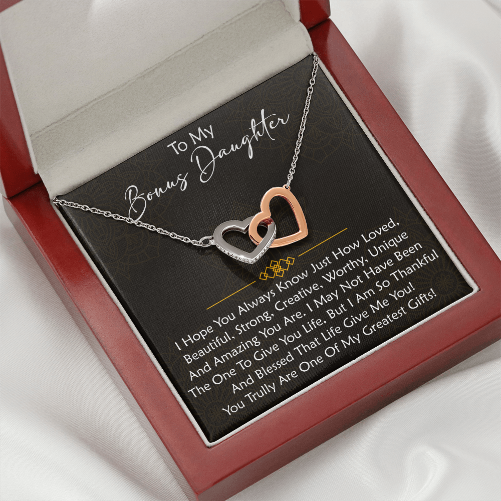 To My Bonus Daughter Interlocking Hearts Necklace - Birthday Xmas Family Matching Gift from Bonus Mom Dad For Special Occasion.