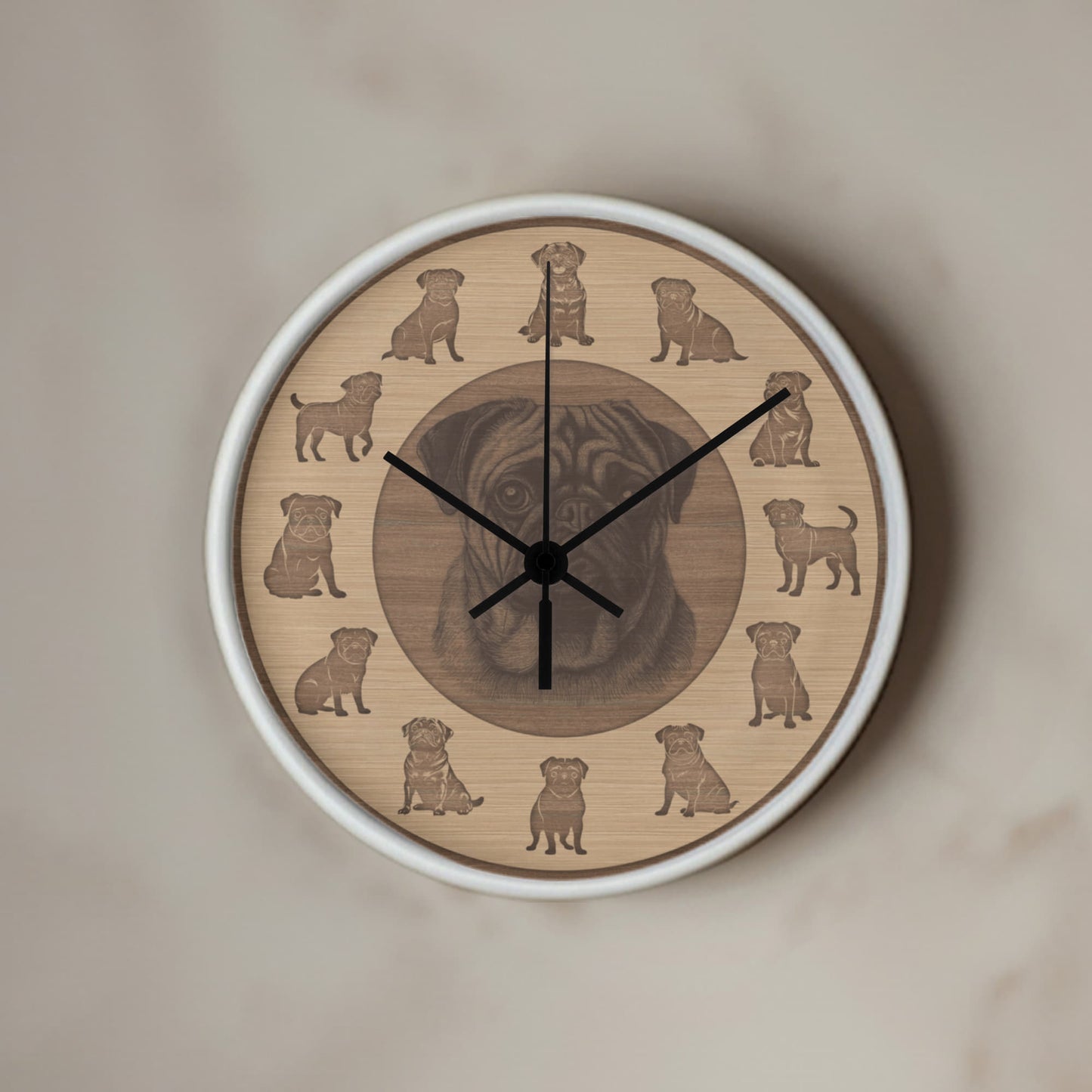 Wooden Pug Wall Clock - Rustic Wall Art, 10in Quartz, Dog Lover Gift, Farmhouse Decor, Cute Pet Accent for Home