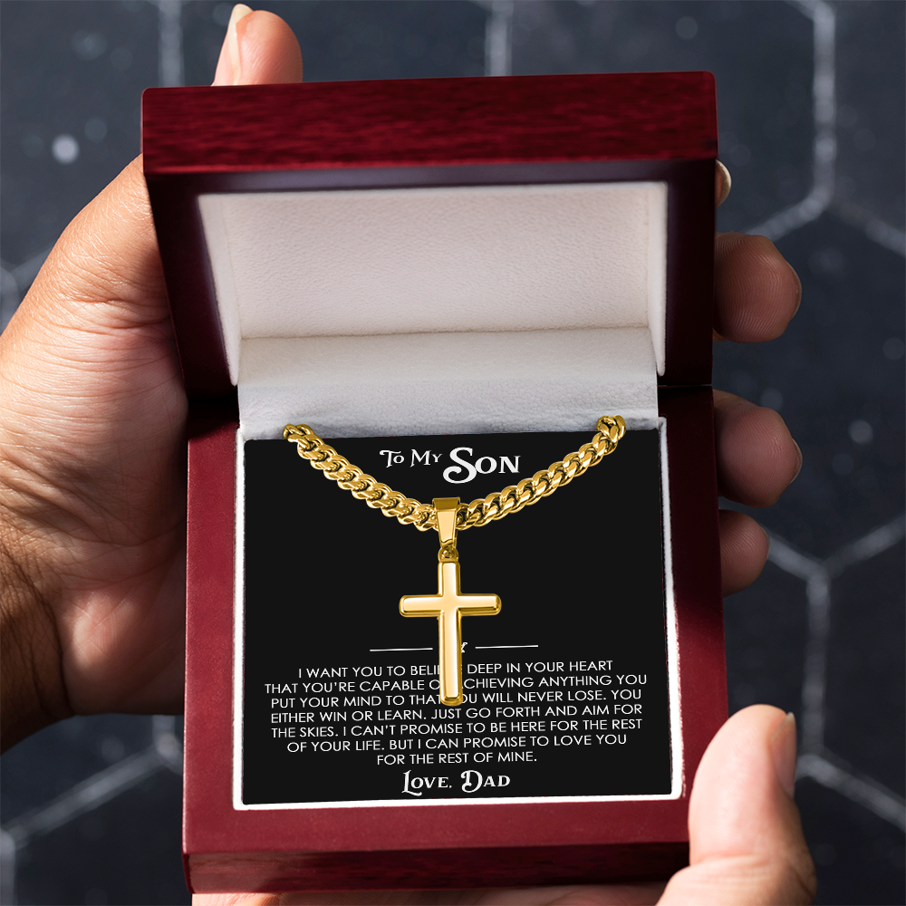 To My Son Gift From Dad - Artisan Cross with Cuban Link Chain For Children, Faith Gift for any Occasion