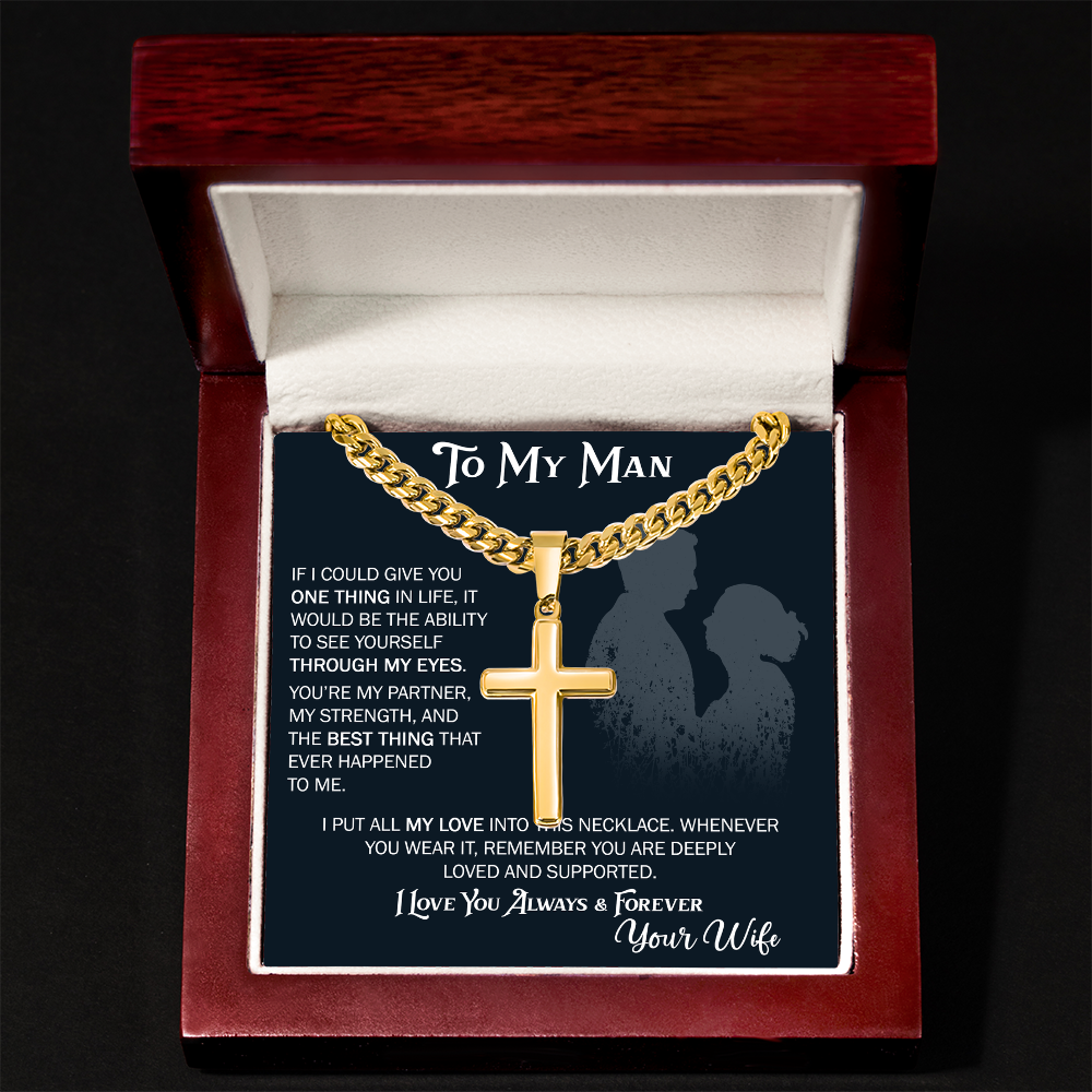 To My Husband Artisan Cross with Cuban Link Chain From Wife – Valentines Day Gifts for Her with Heartfelt Message Card, Premium Gold-Plated Wife Jewelry in Elegant Box