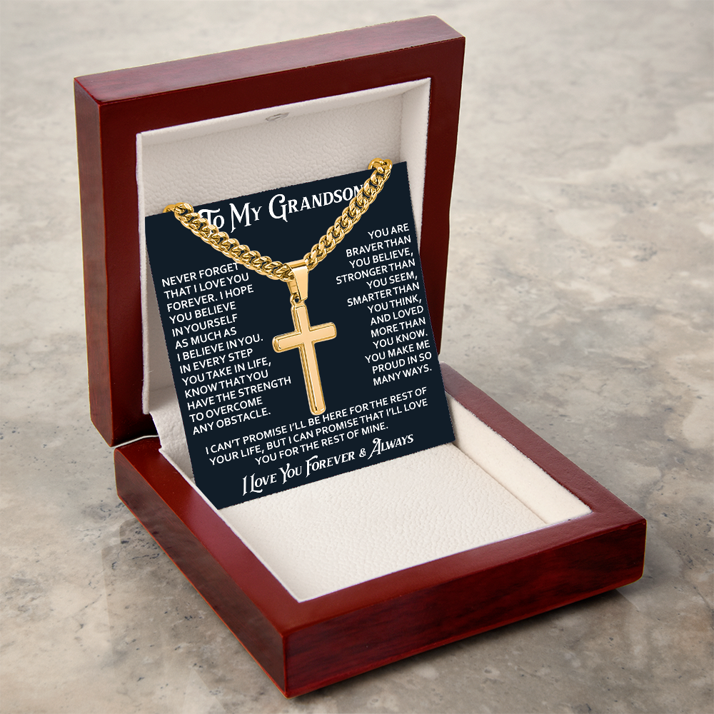 To My Grandson Artisan Cross with Cuban Link Chain - Christian Faith Gifts From Grandpa Inspirational Jewelry