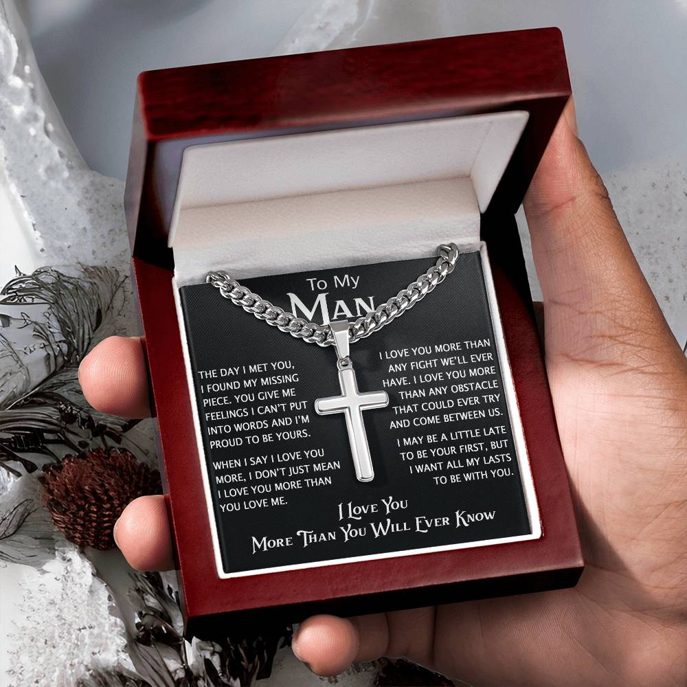 To My Man Personalized Cross with Cuban Link Chain - Perfect Gift for Birthday, Christmas