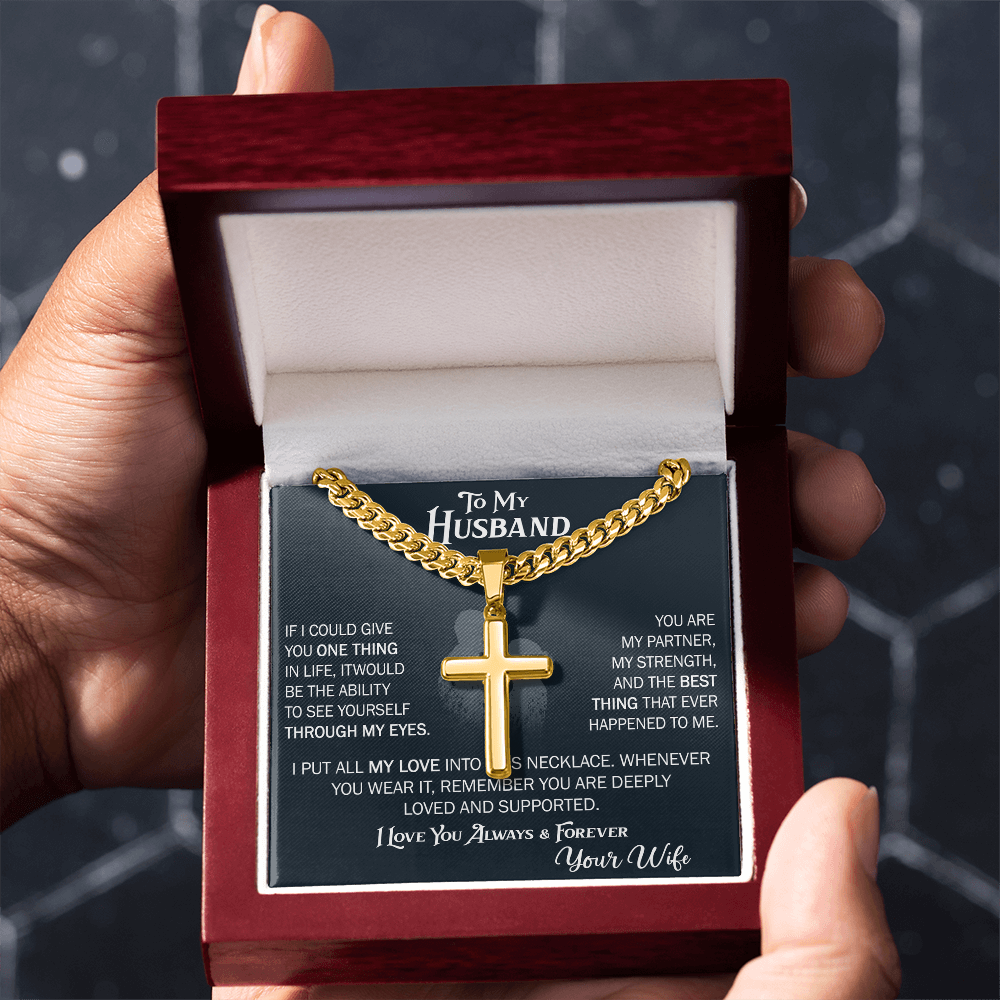 Product Image To My Husband Personalized Cross with Cuban Link Chain From Wife – Valentines Day Gifts for Her with Heartfelt Message Card, Premium Gold-Plated Wife Jewelry