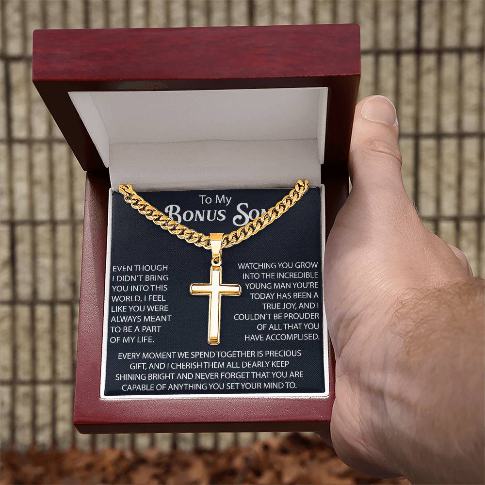 To My Bonus Son Personalized Cross with Cuban Link Chain - Perfect Gift for Birthday, Christmas, Back to School or any Special Occasion.