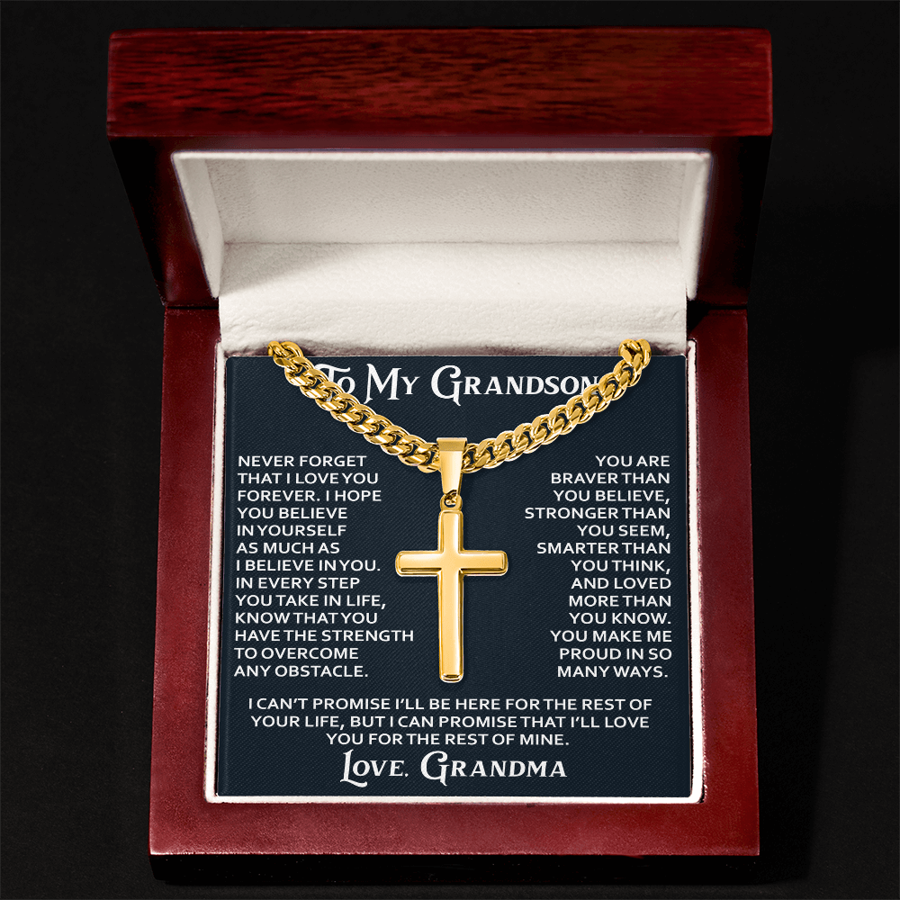 To My Grandson Personalized Cross with Cuban Link Chain From Grandma Grandmother for Christmas, Noel, Birthday, Back to School or Family Matching