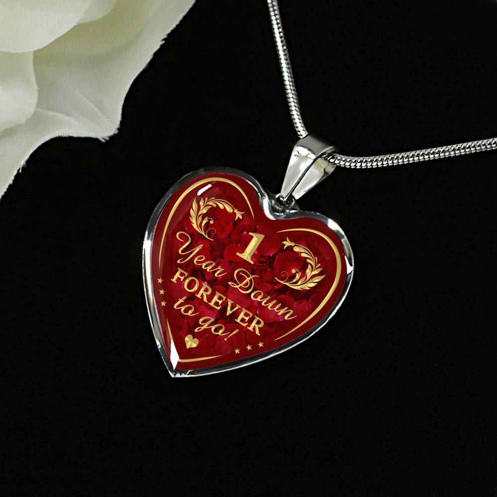 One Year Down Forever To Go Unique Novelty Heart Necklace For Wedding Anniversary, Valentine, Birthday