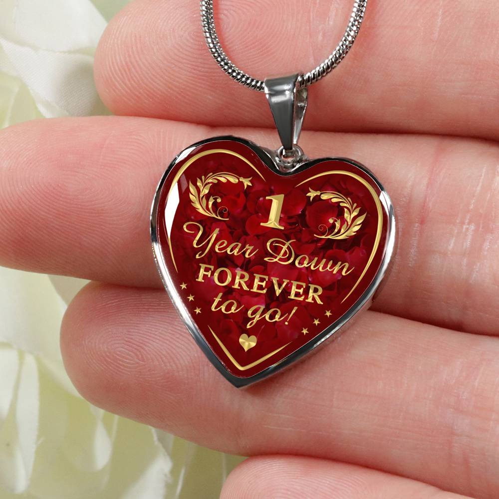 One Year Down Forever To Go Unique Novelty Heart Necklace For Wedding Anniversary, Valentine, Birthday