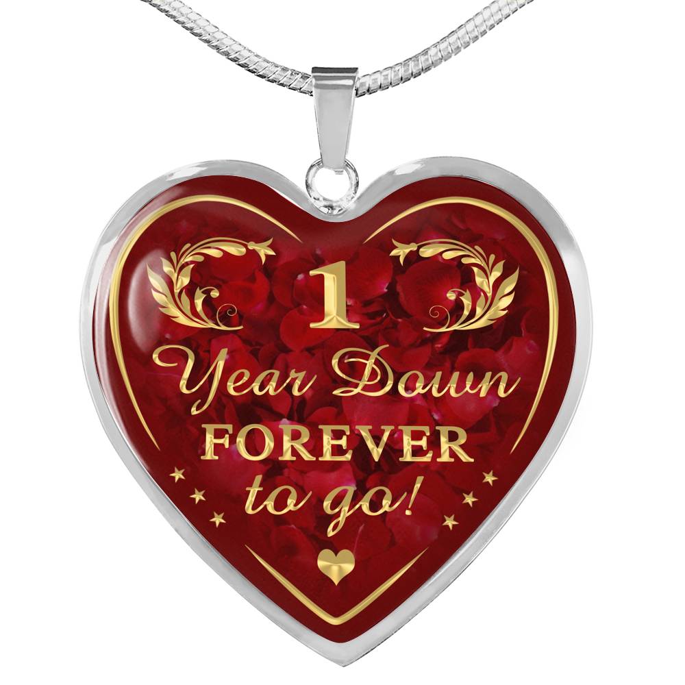 One Year Down Forever To Go Unique Novelty Heart Necklace For Wedding Anniversary, Valentine, Birthday