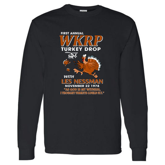 WKRP Turkey Drop with Les Nessman - Thanksgiving Day Long Sleeve Funny Gildan Unisex T-shirt (133243612326-USPF)