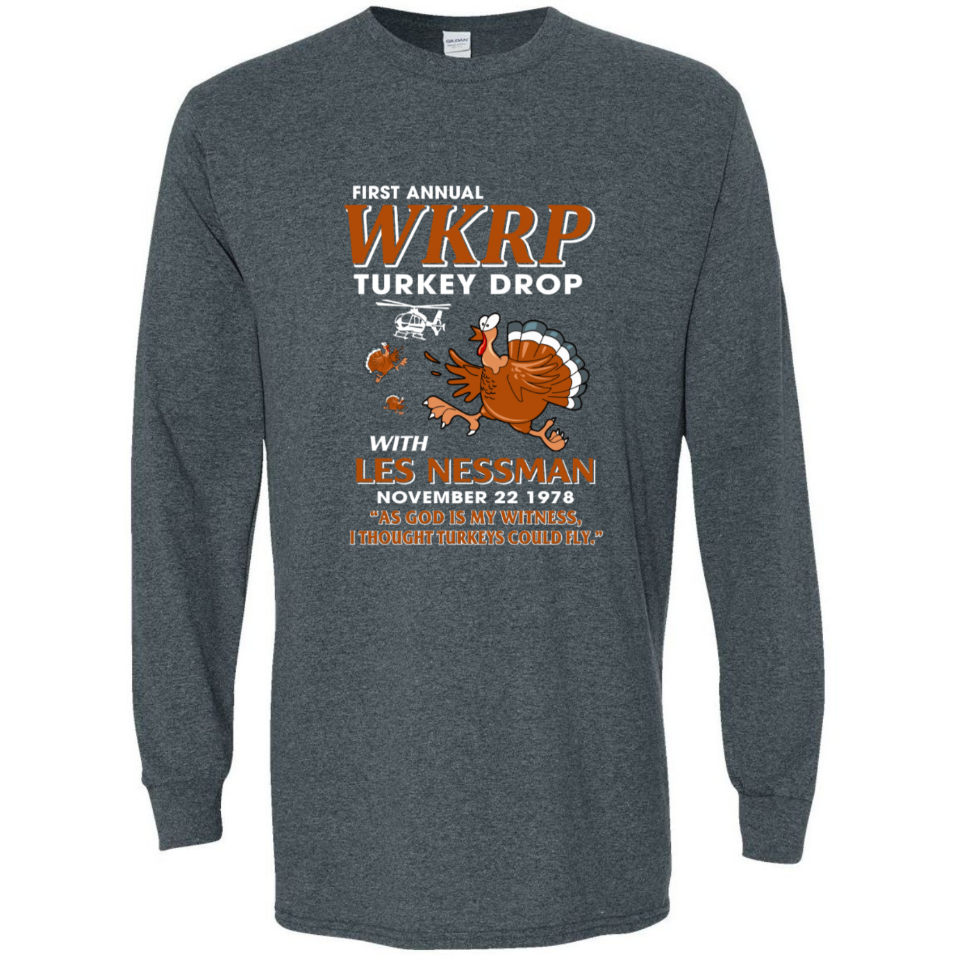 WKRP Turkey Drop with Les Nessman - Thanksgiving Day Long Sleeve Funny Gildan Unisex T-shirt (133243612326-USPF)