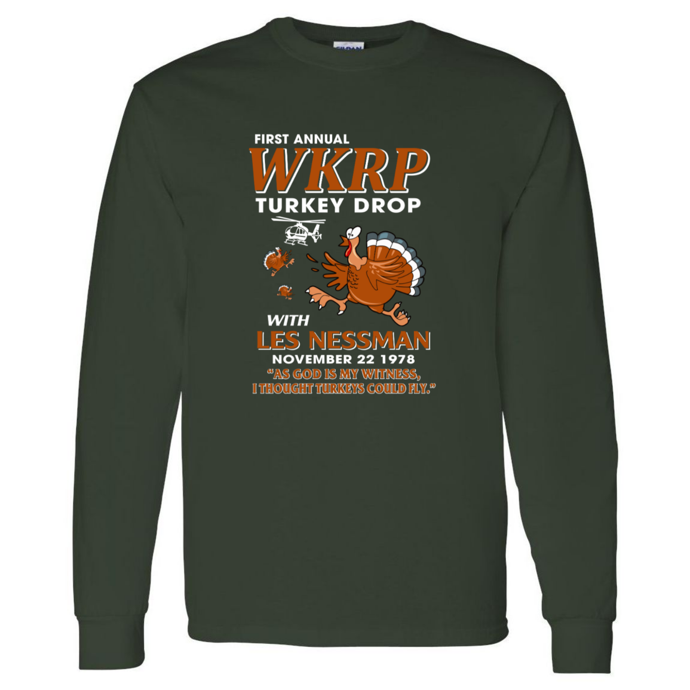 WKRP Turkey Drop with Les Nessman - Thanksgiving Day Long Sleeve Funny Gildan Unisex T-shirt (133243612326-USPF)