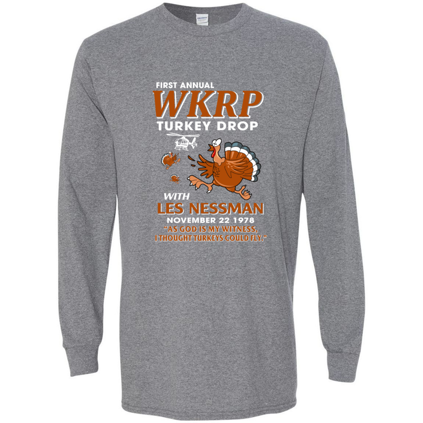 WKRP Turkey Drop with Les Nessman - Thanksgiving Day Long Sleeve Funny Gildan Unisex T-shirt (133243612326-USPF)