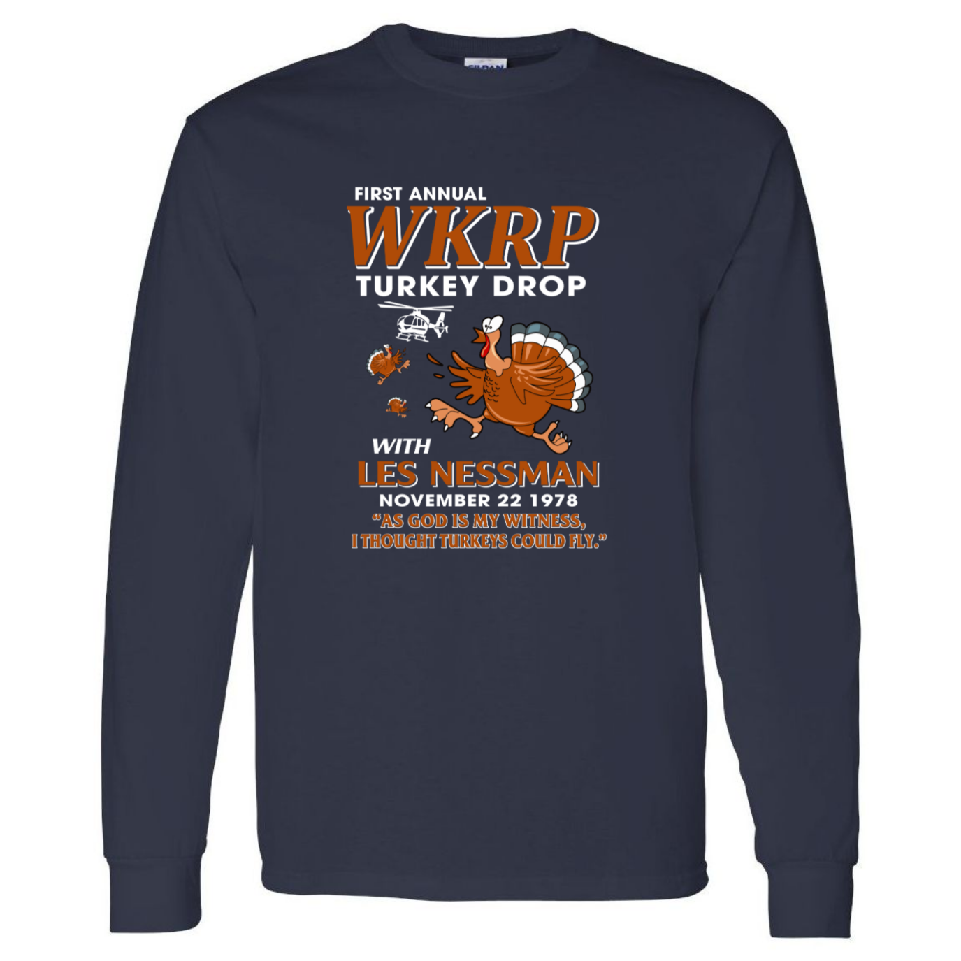WKRP Turkey Drop with Les Nessman - Thanksgiving Day Long Sleeve Funny Gildan Unisex T-shirt (133243612326-USPF)