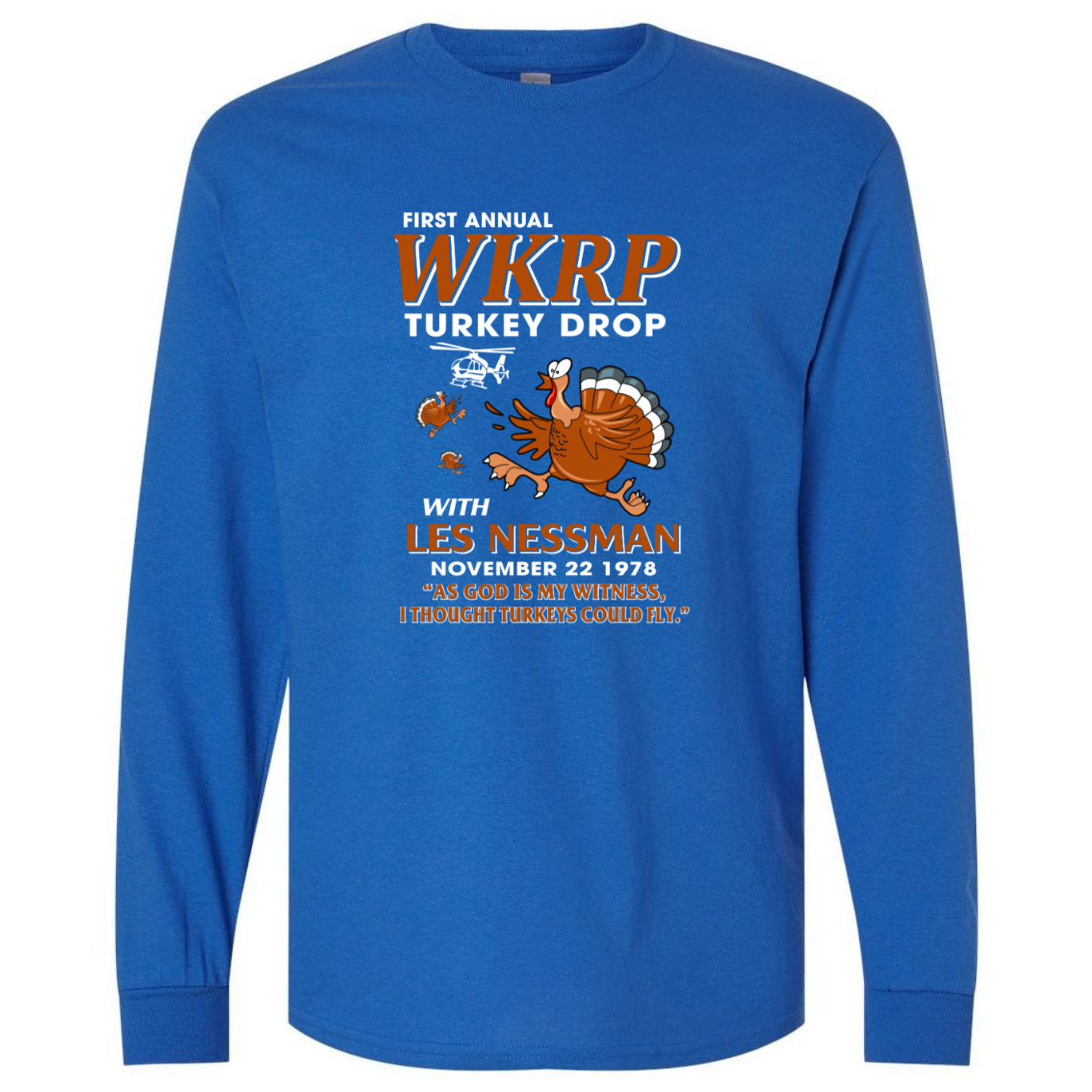 WKRP Turkey Drop with Les Nessman - Thanksgiving Day Long Sleeve Funny Gildan Unisex T-shirt (133243612326-USPF)