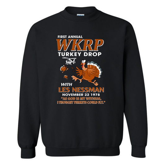 WKRP Turkey Drop with Les Nessman - Thanksgiving Day Funny Gildan Sweatshirt Gift (135307418139-USPF)