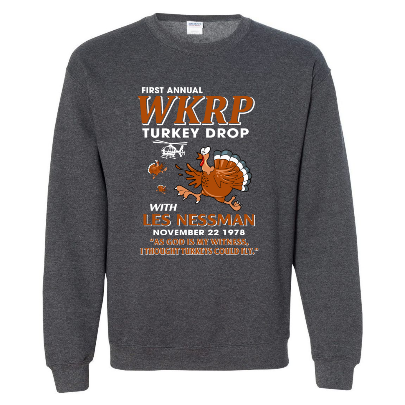 WKRP Turkey Drop with Les Nessman - Thanksgiving Day Funny Gildan Sweatshirt Gift (135307418139-USPF)