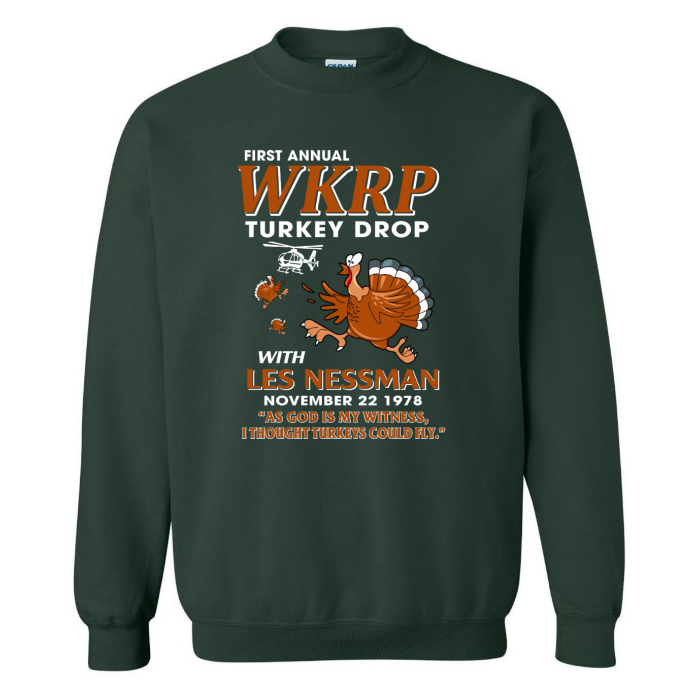 WKRP Turkey Drop with Les Nessman - Thanksgiving Day Funny Gildan Sweatshirt Gift (135307418139-USPF)