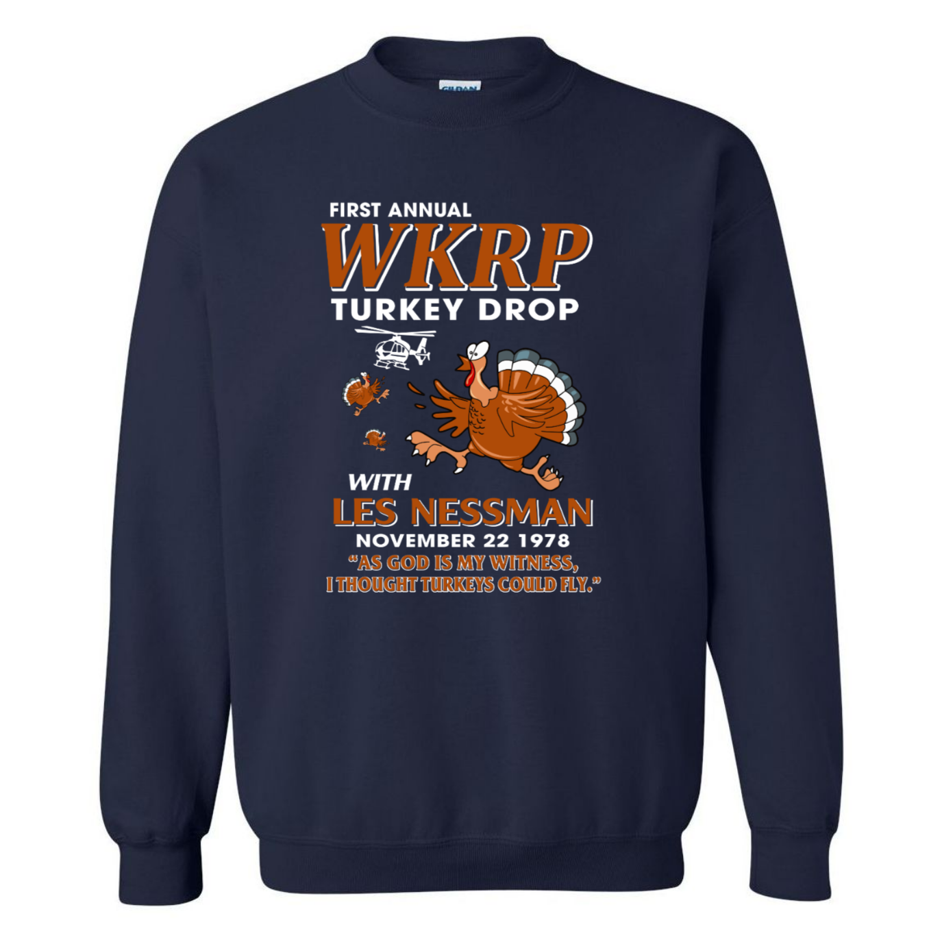 WKRP Turkey Drop with Les Nessman - Thanksgiving Day Funny Gildan Sweatshirt Gift (135307418139-USPF)