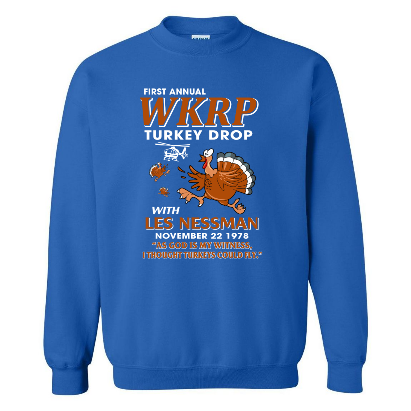 WKRP Turkey Drop with Les Nessman - Thanksgiving Day Funny Gildan Sweatshirt Gift (135307418139-USPF)