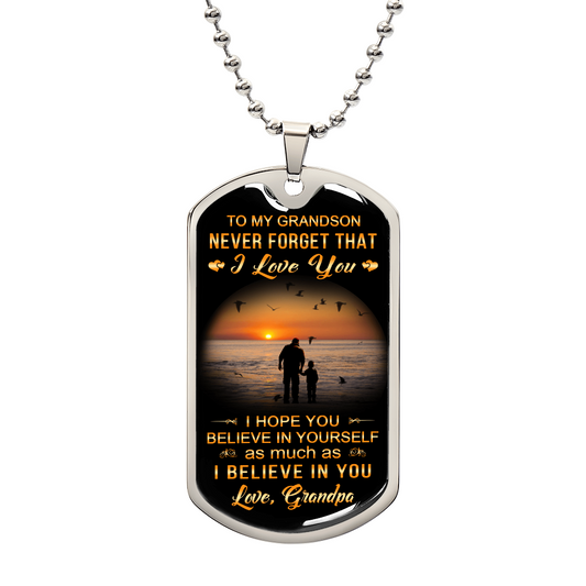 To My Grandson Luxury Dog Tag Necklace from Grandpa, Grandfather - Unique Gift for Birthday, Back to School,