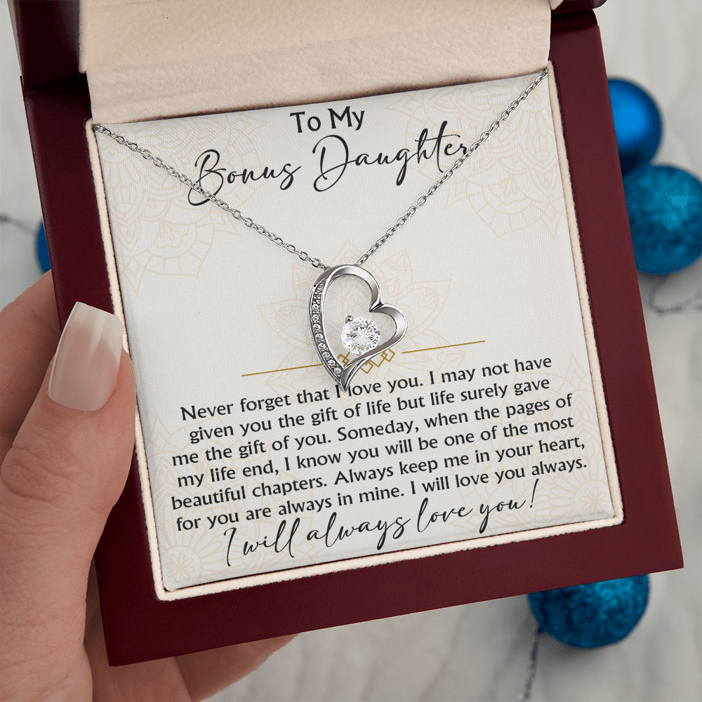 To My Bonus Daughter Forever Love Heart necklace - Birthday Xmas Gift from Bonus Mom Dad