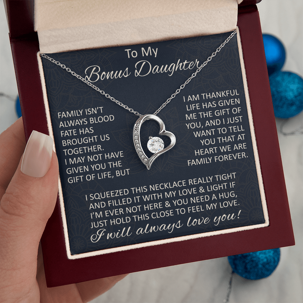 Love Gift for Bonus Daughter - Forever Love Necklace from Step Mom Step Dad for Birthday Christmas or any Special Occasion.