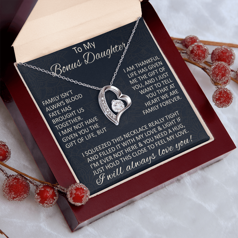 Love Gift for Bonus Daughter - Forever Love Necklace from Step Mom Step Dad for Birthday Christmas or any Special Occasion.