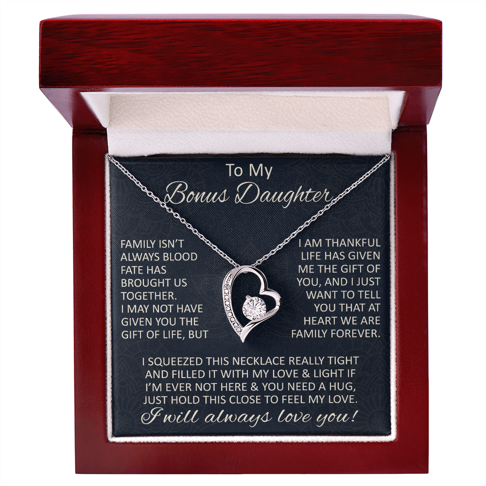 Love Gift for Bonus Daughter - Forever Love Necklace from Step Mom Step Dad for Birthday Christmas or any Special Occasion.