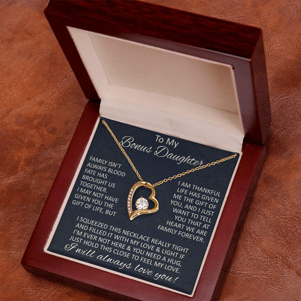 Love Gift for Bonus Daughter - Forever Love Necklace from Step Mom Step Dad for Birthday Christmas or any Special Occasion.