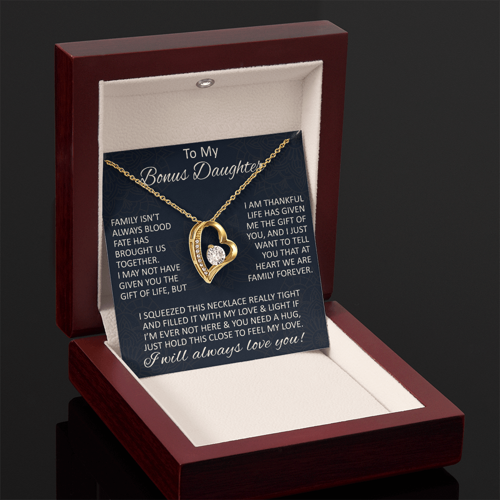 Love Gift for Bonus Daughter - Forever Love Necklace from Step Mom Step Dad for Birthday Christmas or any Special Occasion.