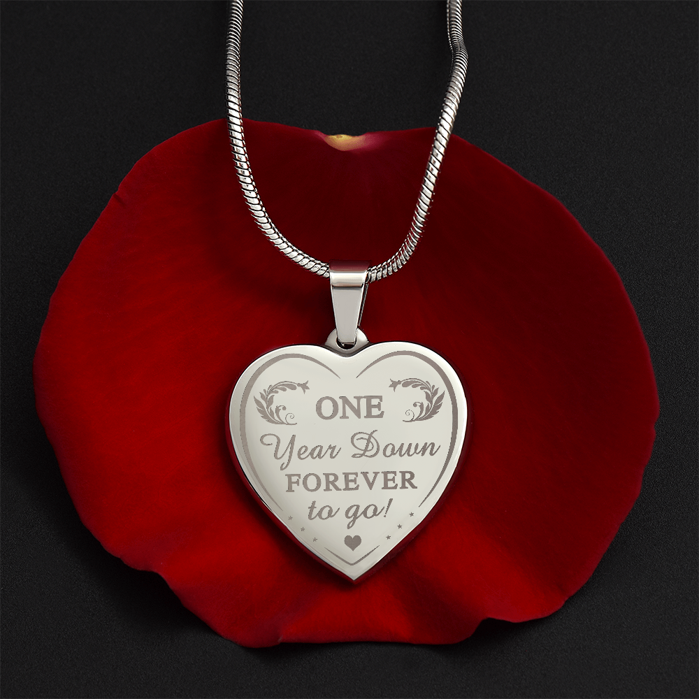 One Year Down Forever To Go Engraved Heart Necklace Gift for Wife Soulmate 1 Year Anniversary Present