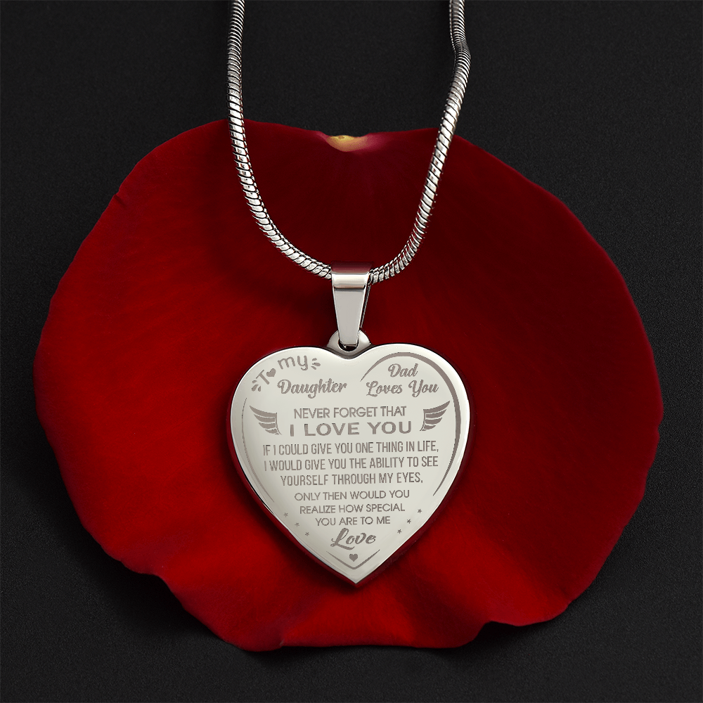 Proud Dad to Daughter Engraved Heart Necklace Novelty Gift from Father Daddy Papa for Back to School, Birthday, Family Matching.