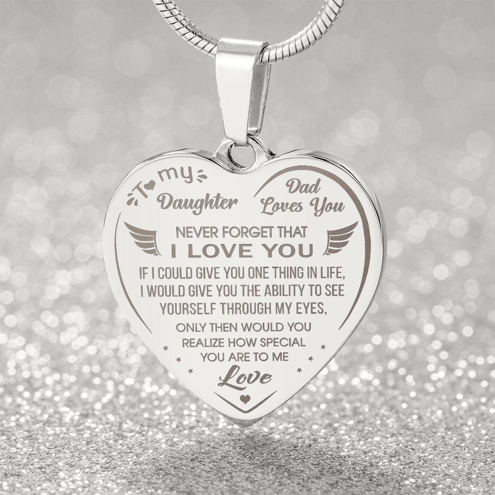 Proud Dad to Daughter Engraved Heart Necklace Novelty Gift from Father Daddy Papa for Back to School, Birthday, Family Matching.
