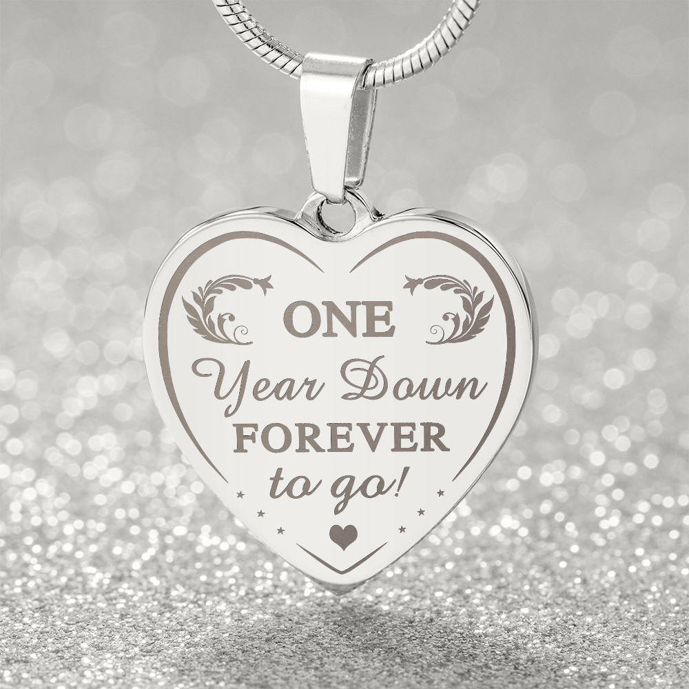 One Year Down Forever To Go Engraved Heart Necklace Gift for Wife Soulmate 1 Year Anniversary Present