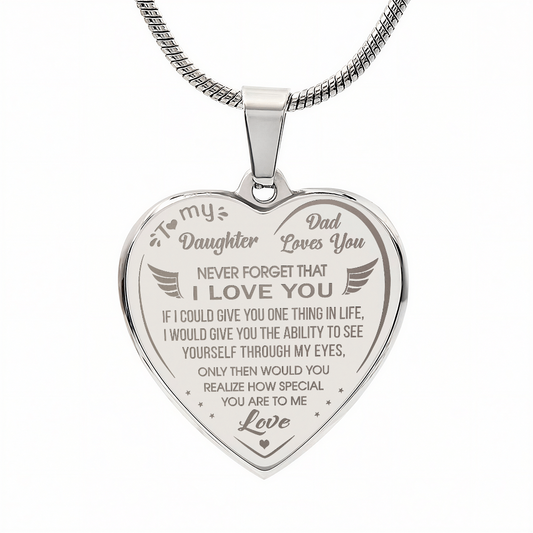 Proud Dad to Daughter Engraved Heart Necklace Novelty Gift from Father Daddy Papa for Back to School, Birthday, Family Matching.