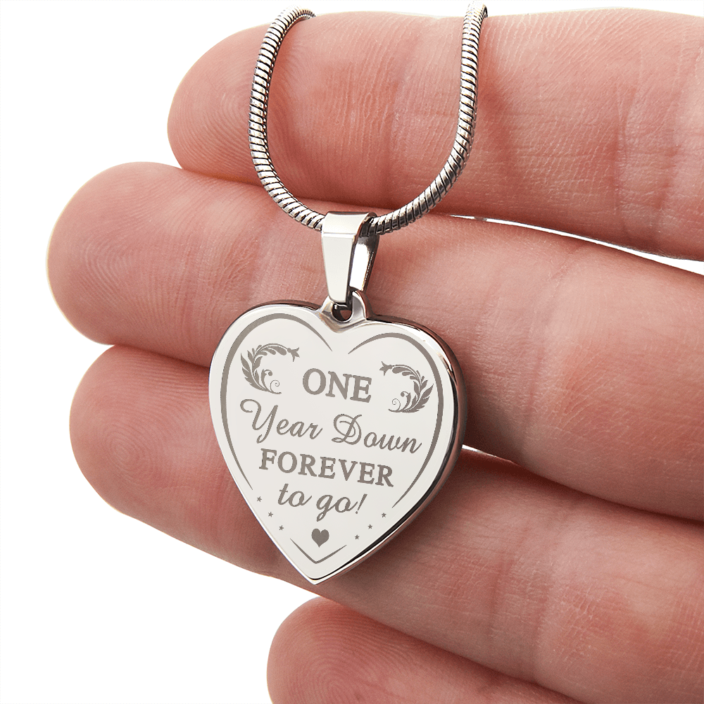 One Year Down Forever To Go Engraved Heart Necklace Gift for Wife Soulmate 1 Year Anniversary Present