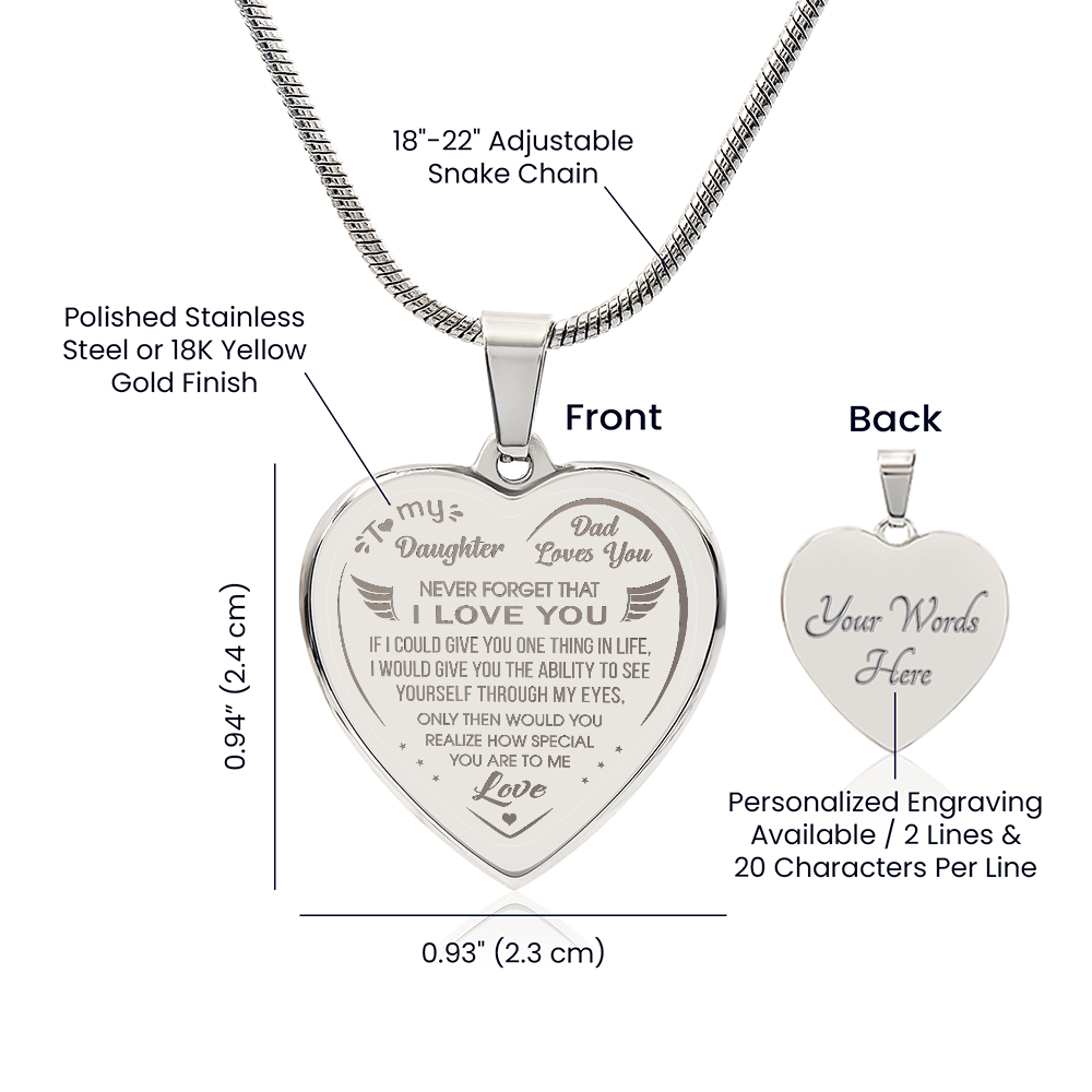 Proud Dad to Daughter Engraved Heart Necklace Novelty Gift from Father Daddy Papa for Back to School, Birthday, Family Matching.