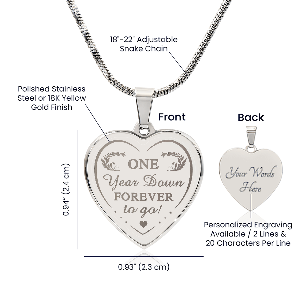 One Year Down Forever To Go Engraved Heart Necklace Gift for Wife Soulmate 1 Year Anniversary Present