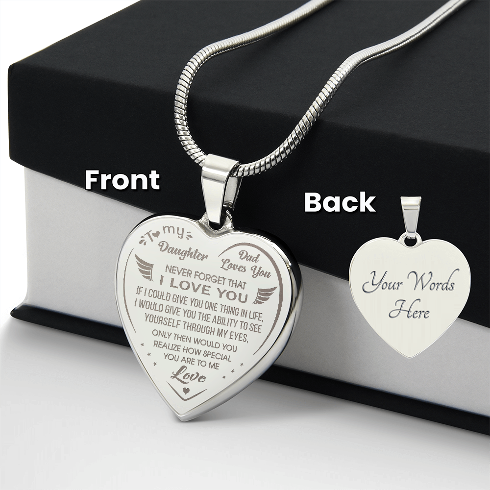 Proud Dad to Daughter Engraved Heart Necklace Novelty Gift from Father Daddy Papa for Back to School, Birthday, Family Matching.