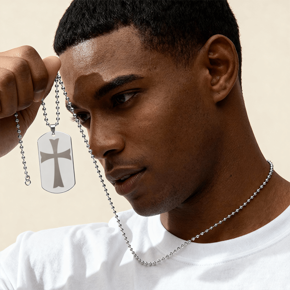 Knights Templar Crusader Cross Engraved Dog Tag Necklace