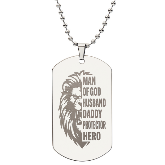 Man of God Husband Daddy Protector Hero Engraved Dog Tag Necklace