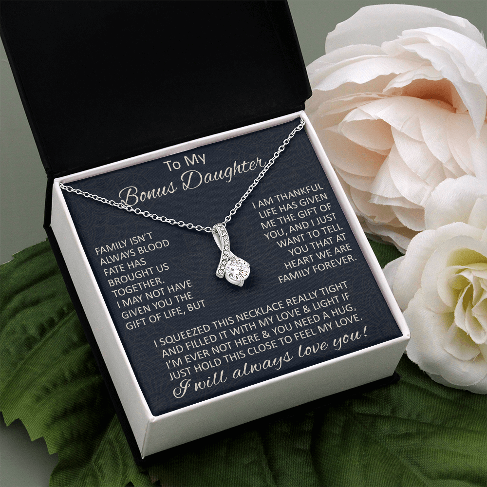 Love Gift for Bonus Daughter - Alluring Beauty Necklace from Step Mom Step Dad for Birthday Christmas or any Special Occasion.