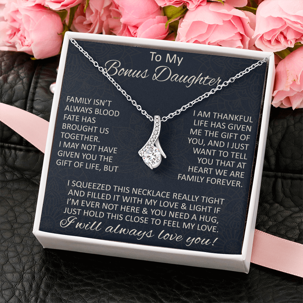 Love Gift for Bonus Daughter - Alluring Beauty Necklace from Step Mom Step Dad for Birthday Christmas or any Special Occasion.
