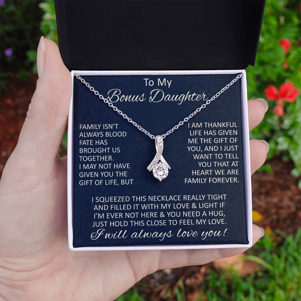 Love Gift for Bonus Daughter - Alluring Beauty Necklace from Step Mom Step Dad for Birthday Christmas or any Special Occasion.