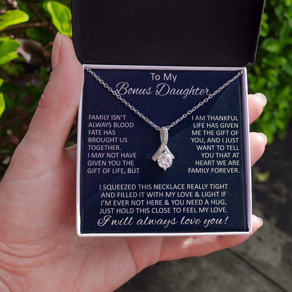 Love Gift for Bonus Daughter - Alluring Beauty Necklace from Step Mom Step Dad for Birthday Christmas or any Special Occasion.