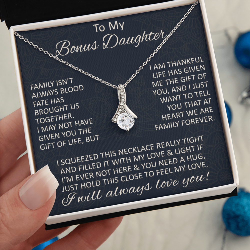Love Gift for Bonus Daughter - Alluring Beauty Necklace from Step Mom Step Dad for Birthday Christmas or any Special Occasion.