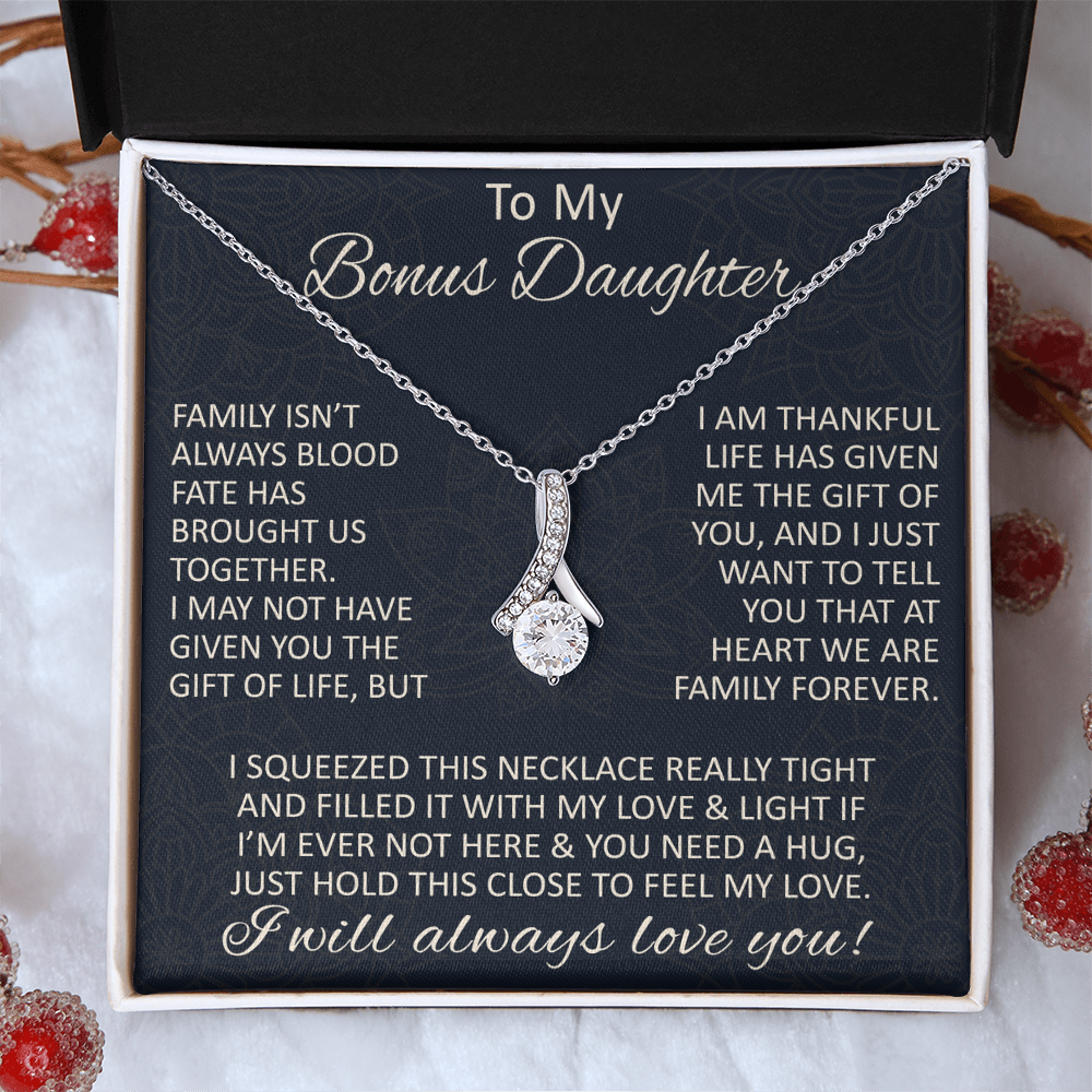 Love Gift for Bonus Daughter - Alluring Beauty Necklace from Step Mom Step Dad for Birthday Christmas or any Special Occasion.
