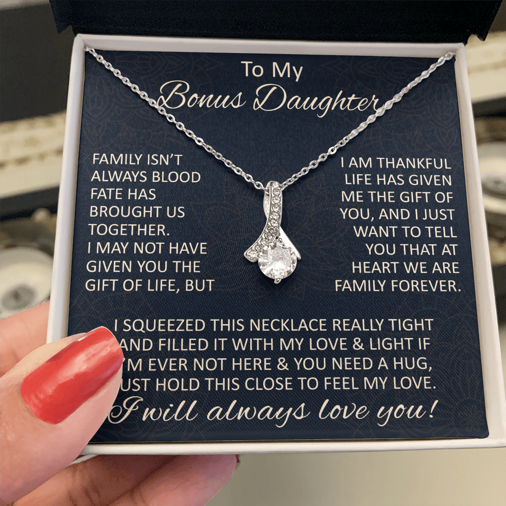 Love Gift for Bonus Daughter - Alluring Beauty Necklace from Step Mom Step Dad for Birthday Christmas or any Special Occasion.