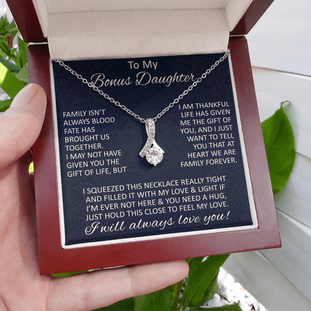 Love Gift for Bonus Daughter - Alluring Beauty Necklace from Step Mom Step Dad for Birthday Christmas or any Special Occasion.