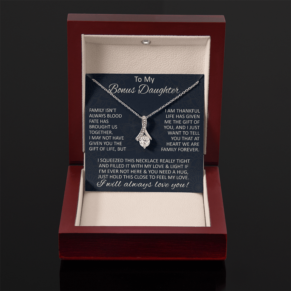 Love Gift for Bonus Daughter - Alluring Beauty Necklace from Step Mom Step Dad for Birthday Christmas or any Special Occasion.